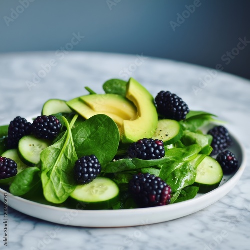 Fresh Salad With Spinach, Cucumber, Avocado, and Blackberries on a Marble Sur...