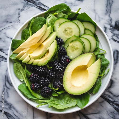 Fresh Spinach Salad With Sliced Avocado, Cucumber, and Blackberries Served on...