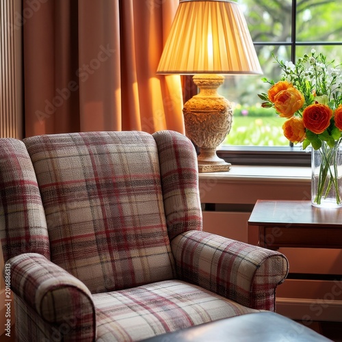 Comfortable Seat by a Window With a Lamp, Flowers, and a Side Table in a Cozy...