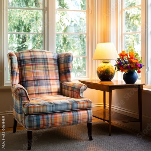 Cozy Space With a Plaid Chair, Lamp, and Flowers in a Sunny Room