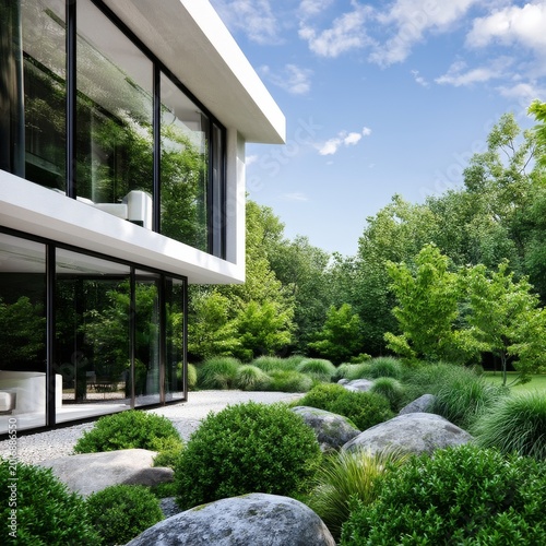 Modern House With Large Windows Surrounded by Greenery on a Sunny Day