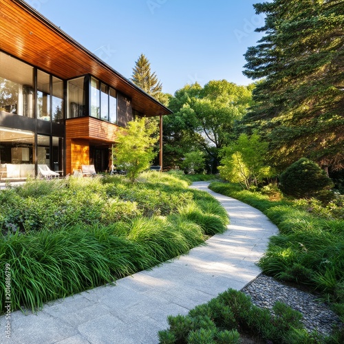 Modern House Design With Green Space and Pathway in a Residential Area