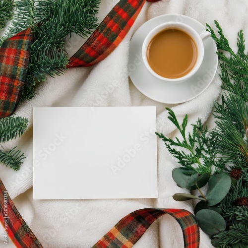 Warm Drink and Blank Card on Soft Background With Green Leaves and Festive Ri...