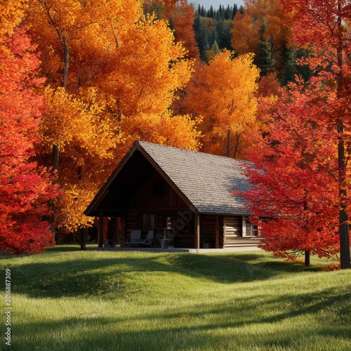 Log Cabin Stands Among Orange and Red Trees in Autumn Scenery Near a Green Me...