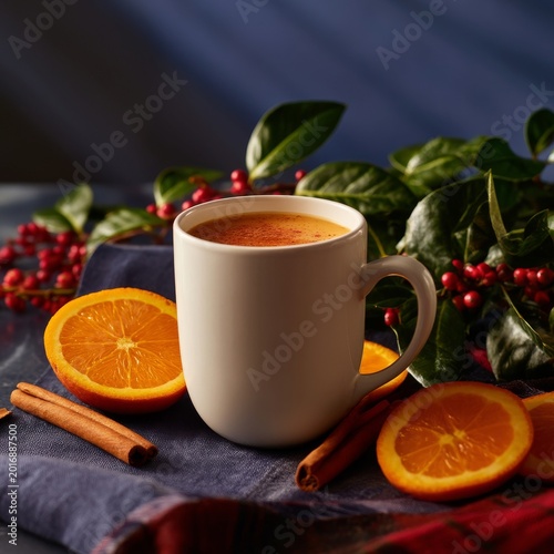 Warm Drink With Orange Slices and Spices on a Table With Greenery During Afte...