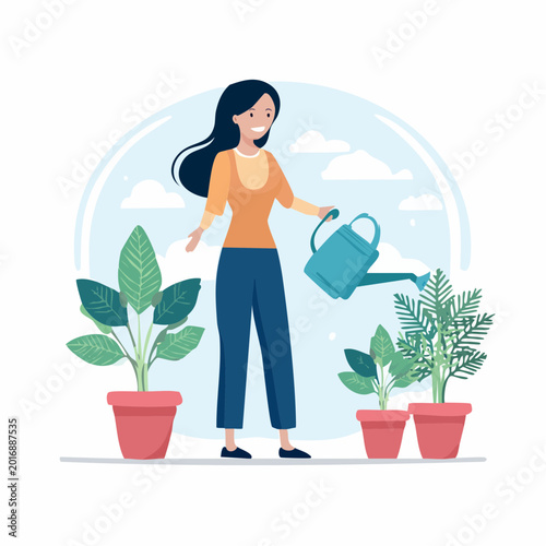 Woman watering potted plants