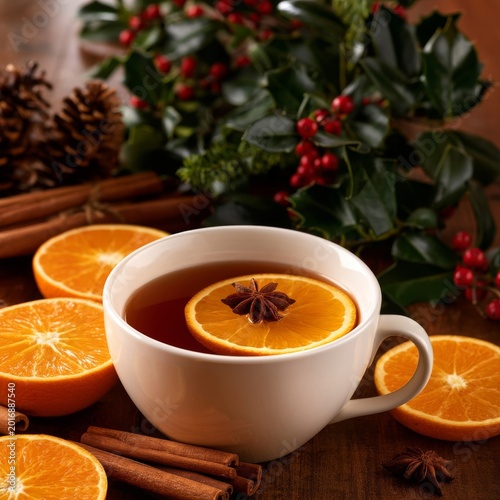 Warm Drink With Orange Slices and Spices on a Red Tablecloth With Berries