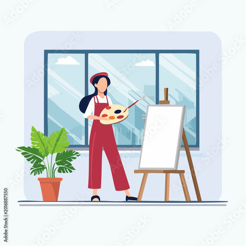 Artist painting on canvas in studio with city view