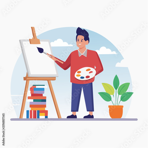 Artist painting on easel with palette and brush