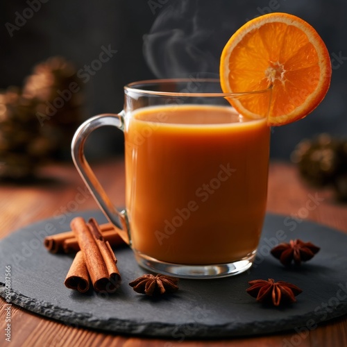 Warm Drink With Orange Slice and Spices in a Cozy Setting on Wooden Table