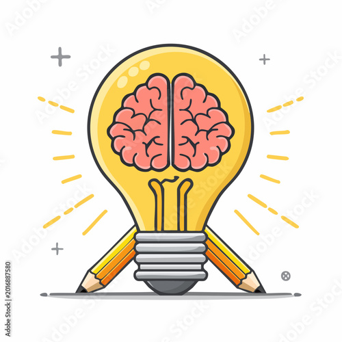 Brain Inside Light Bulb with Pencils Symbolizing Idea and Creativity