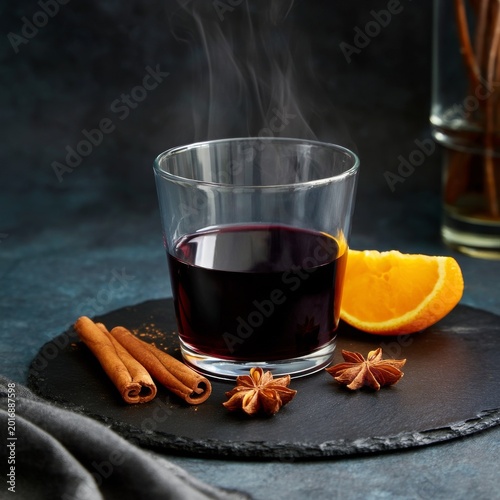 Warm Drink With Orange Slice and Spices in a Cozy Setting on Wooden Table