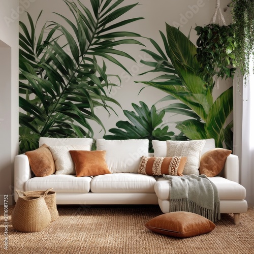 White Couch With Pillows in a Room With a Green Plant Mural and Natural Decor