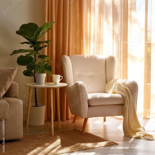 Cozy Chair and Plants in a Sunlit Living Room With a Soft Blanket and Warm Cu...