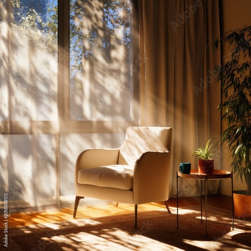 Cozy Chair and Plants in a Sunlit Living Room With a Soft Blanket and Warm Cu...