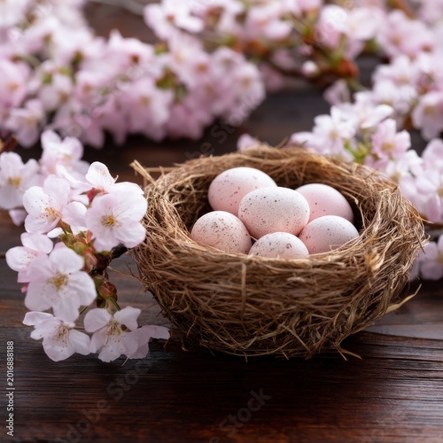 Colorful Eggs in a Nest Surrounded by Cherry Blossom Flowers on a Wooden Table
