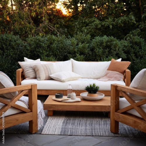 Outdoor Seating Area at Sunset With Wooden Furniture and Plants on Display
