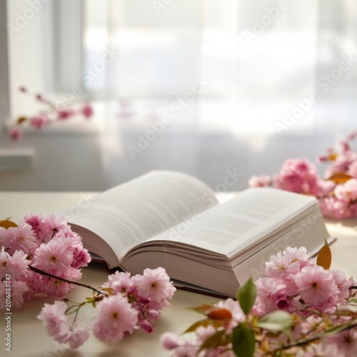 Flowers Surround an Open Book on a Table Near a Window During Daytime