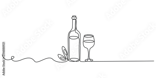 Schilderij op canvas Minimalist line art of bottle and wine glass