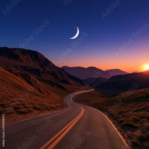 Winding Road Under Crescent Moon and Sunset in Mountains