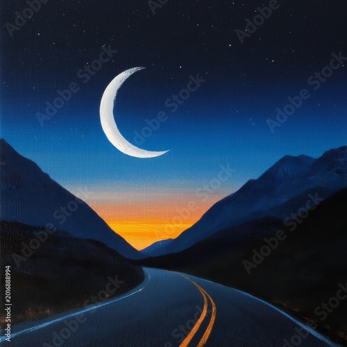 Winding Road Under Crescent Moon and Sunset in Mountains
