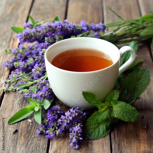 Tea Sits on a Wooden Table Next to Lavender and Mint Leaves During a Bright A...