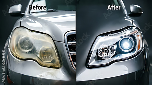 Car headlight comparison before and after cleaning