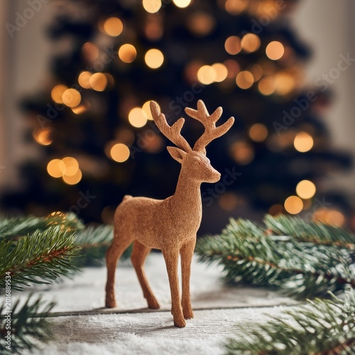 Decorative Deer Figure in Front of a Blurred Christmas Tree With Lights Durin...
