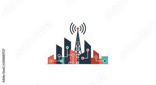 City buildings with cell tower.