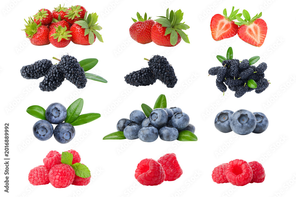 Obraz premium Set, Mixed berries: strawberries, blueberries, blackberries, PNG