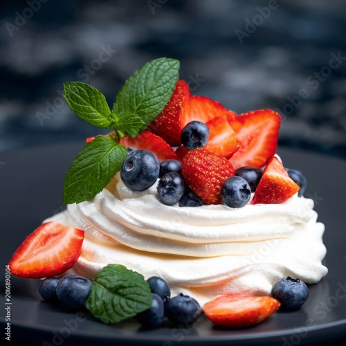 Fresh Dessert With Whipped Cream and Mixed Berries on a White Plate