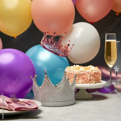 Celebration With Cake, Balloons, and Drinks at a Party in a Decorated Room