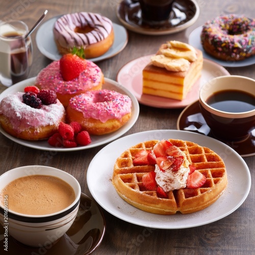 Delicious Variety of Pastries and Fruits Served on a Table With Coffee in a C...