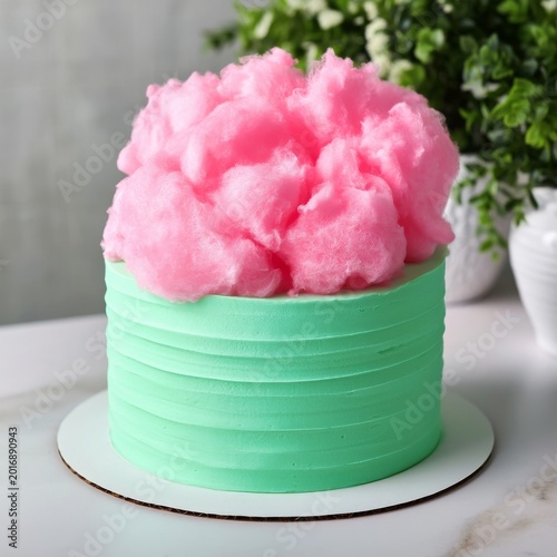 Bright Pink Cotton Candy Sits Atop a Green Cake at a Birthday Party Celebrati...