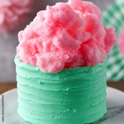 Bright Pink Cotton Candy Sits Atop a Green Cake at a Birthday Party Celebrati...