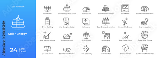 Solar Energy and Renewable Power Line Icons Set for Green Technology
