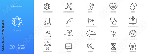 Science and Research Line Icons Set for Physics, Biology and Chemistry