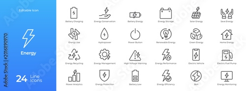 Renewable Energy and Green Power Line Icons Set, Sustainable Ecology Symbols