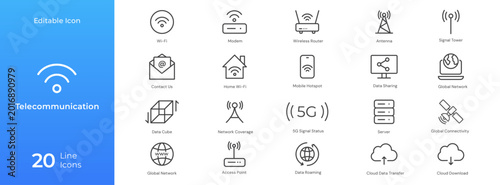 Telecommunication and Network Line Icons Set for Wireless Technology