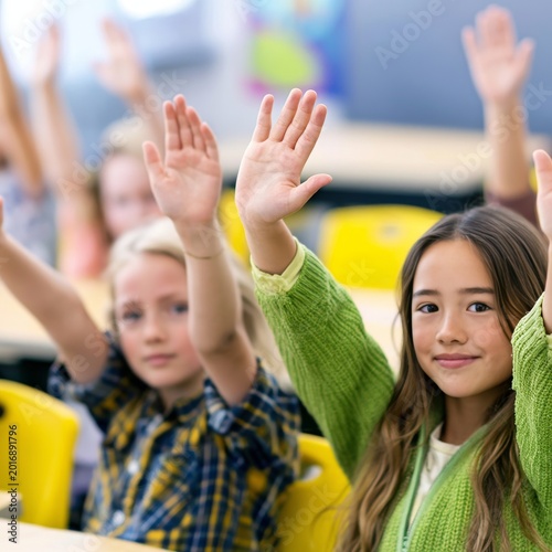 Students Raise Hands in Classroom During Learning Session in the Morning