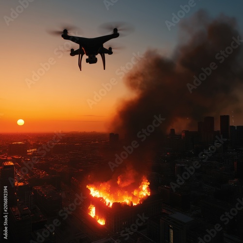 Drone Flies Above a Building Fire at Sunset in an Urban Area