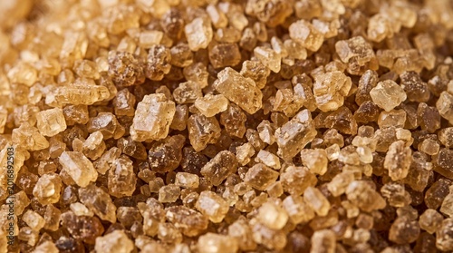 Macro of light brown demerara sugar crystals glistening with a warm amber glow highlighting their distinct facets and sparkling texture baking and sweetening