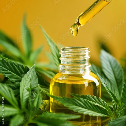Oil Dropper Releases Liquid Above a Glass Bottle on Green Cannabis Leaves Dur...
