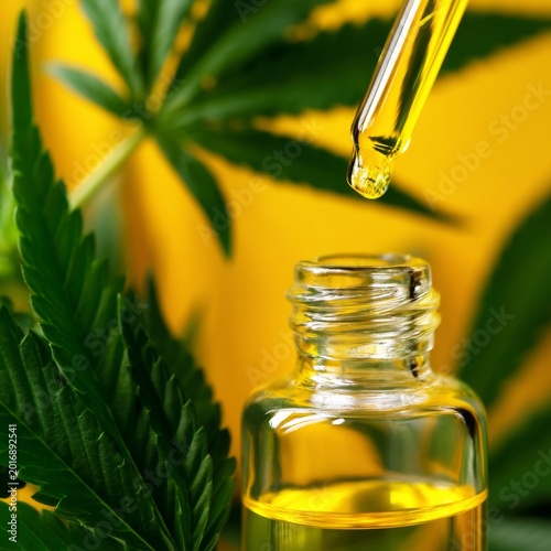 Oil Dropper Releases Liquid Above a Glass Bottle on Green Cannabis Leaves Dur...