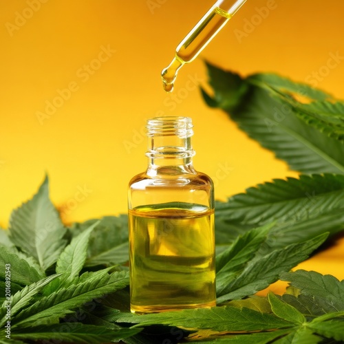 Oil Drops Into Bottle Beside Green Cannabis Leaves on Bright Background