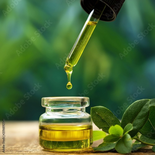 Oil Dropper Releasing Liquid Into Glass Jar on Wooden Surface in a Garden Set...