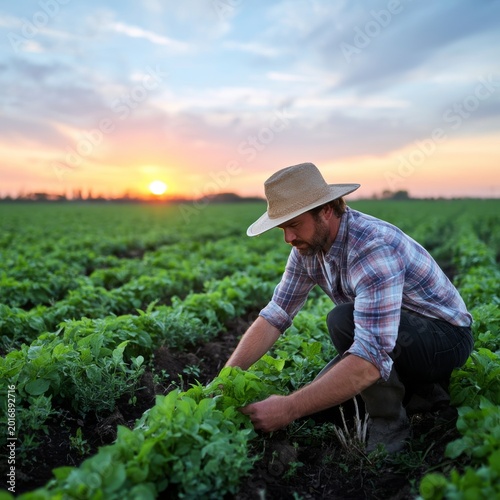 Farmer Working in a Field During Sunset With Crops and a Clear Blue Sky