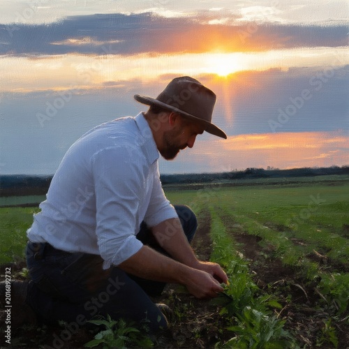 Farmer Working in a Field During Sunset With Crops and a Clear Blue Sky