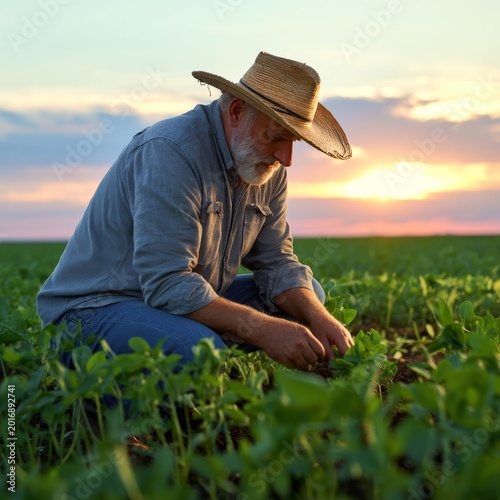 Farmer Tending to Crops in Field During Sunset in Rural Landscape