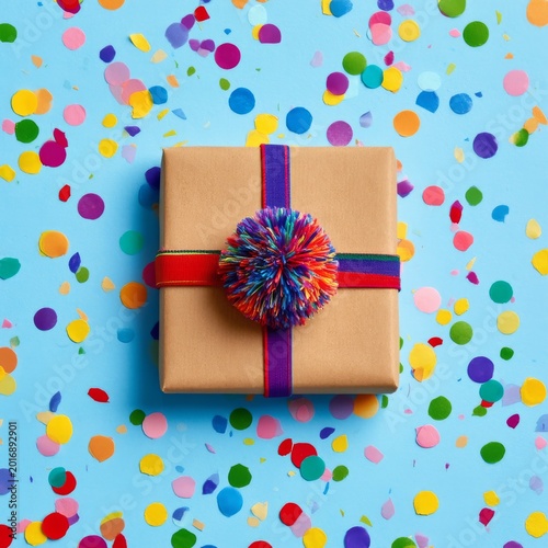 Colorful Gift Box With Pom Pom on Blue Background Surrounded by Confetti